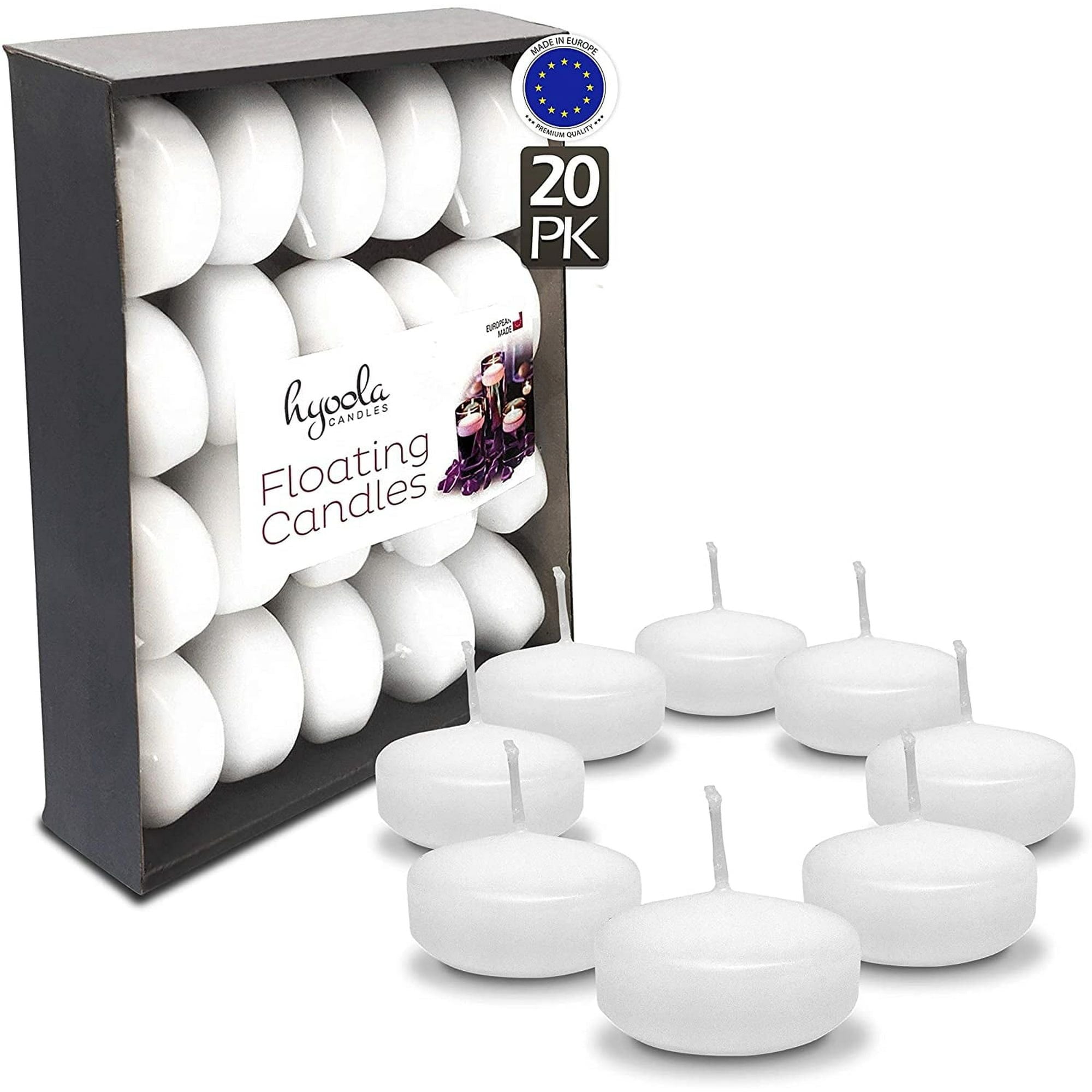 Hyoola 1.75 inch Round Unscented White European Made Floating Candles, Paraffin Wax with Cotton Wicks, 20-Pack