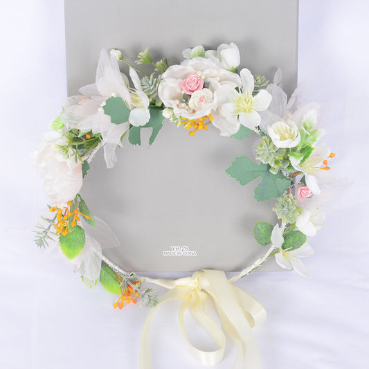 Korean style super fairy bride headdress simulation flower green leaf hair accessory sweet girl Hanfu wedding headdress wreath