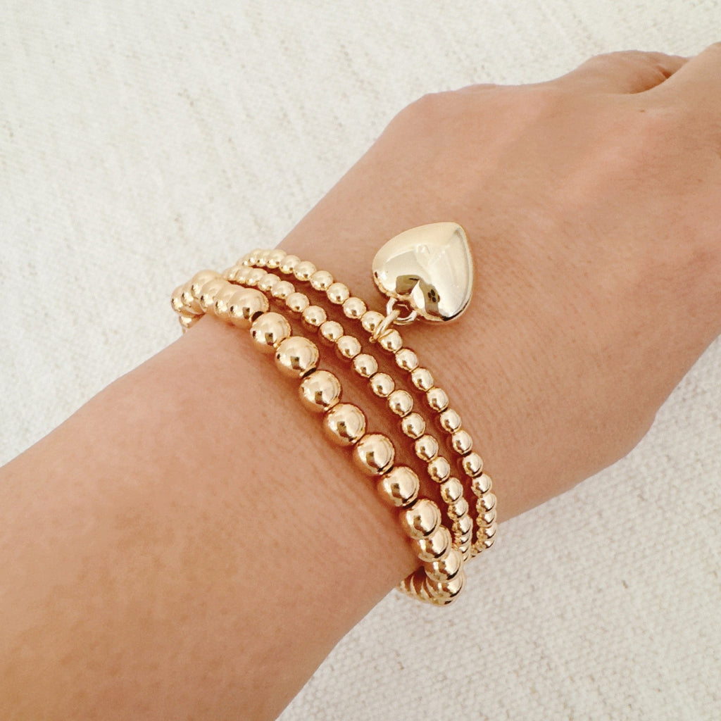 Ball Beads Golden Heart Stretch Bracelet Set Of 3