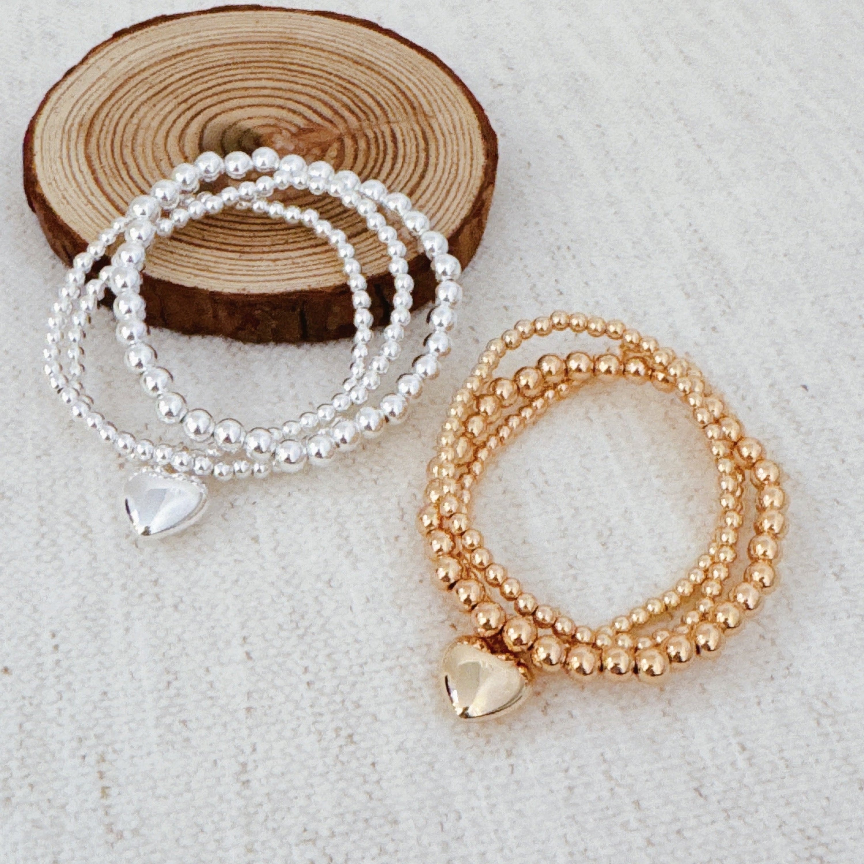 Ball Beads Golden Heart Stretch Bracelet Set Of 3