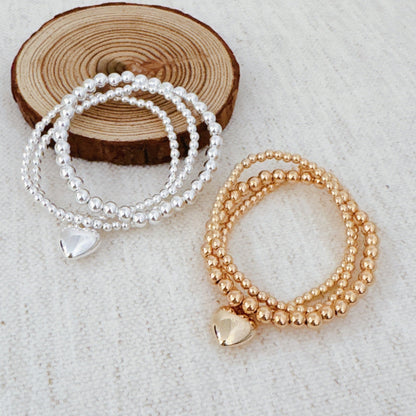 Ball Beads Golden Heart Stretch Bracelet Set Of 3