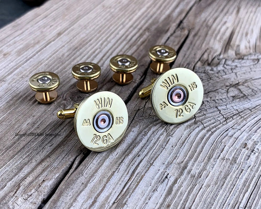 Bullet Tuxedo Studs and Shotgun Cufflinks set BRASS, 12 or 20 Gauge Shotgun Shell Cufflinks, Bullet Tuxedo Studs, Wedding, Groom, Groomsmen