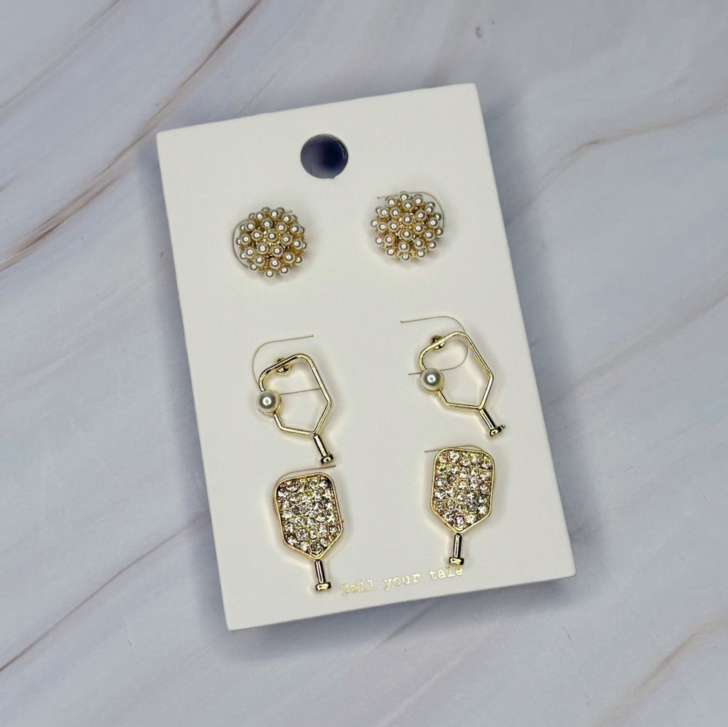 Pickle Ball Stud Earrings Set Of 3