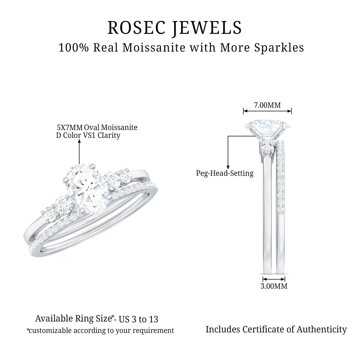 Oval Shaped 5X7 MM Moissanite Solitaire Wedding Ring Set