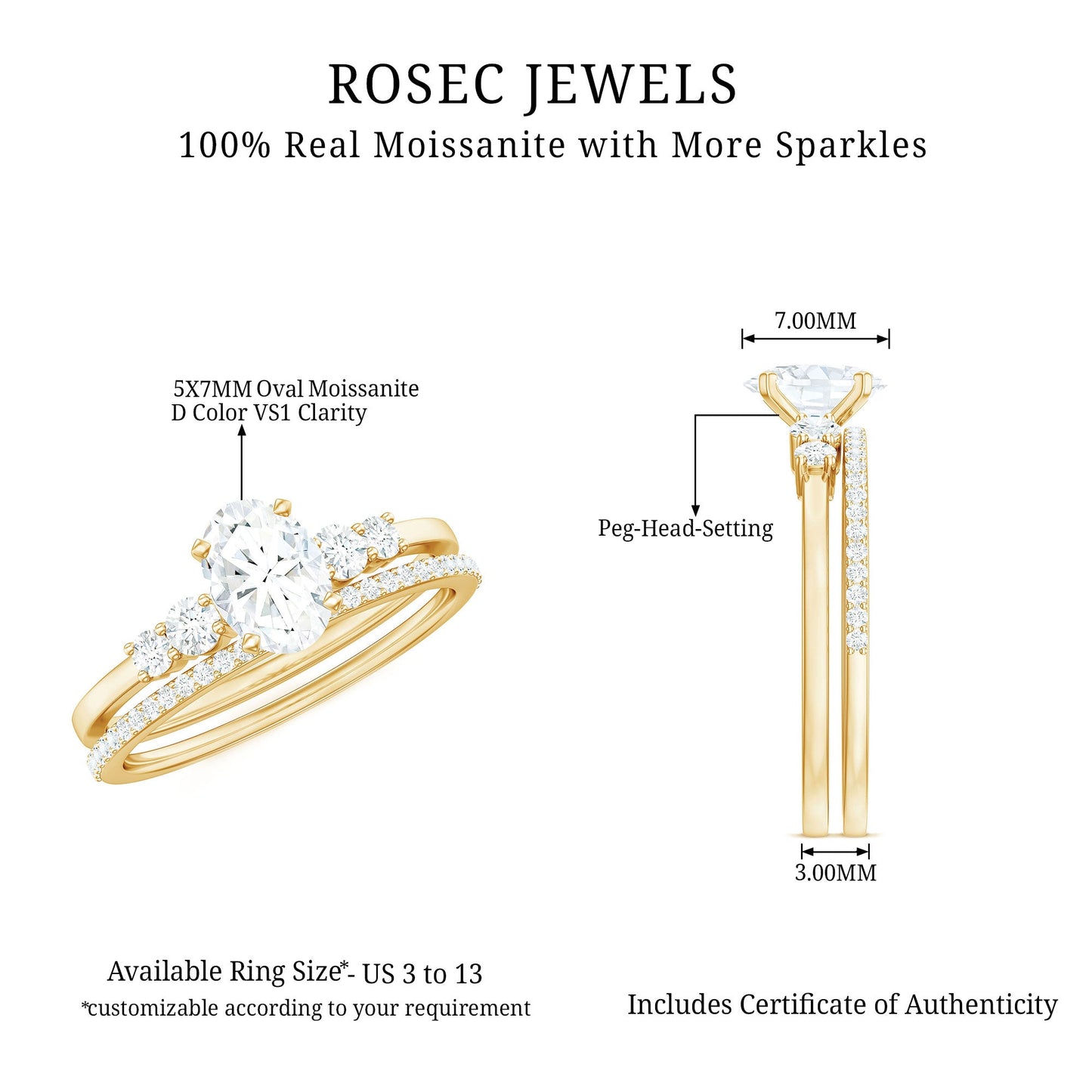 Oval Shaped 5X7 MM Moissanite Solitaire Wedding Ring Set