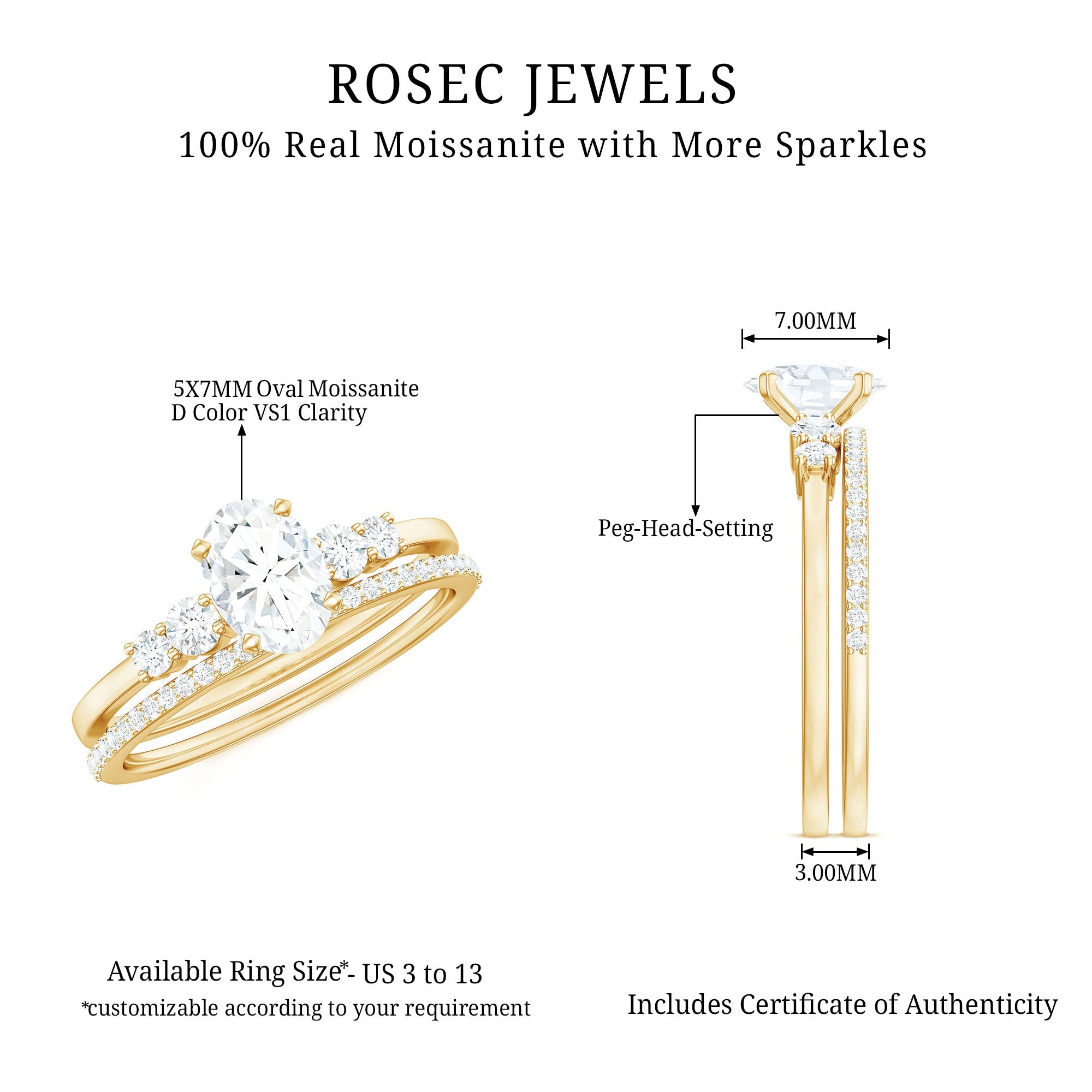 Oval Shaped 5X7 MM Moissanite Solitaire Wedding Ring Set