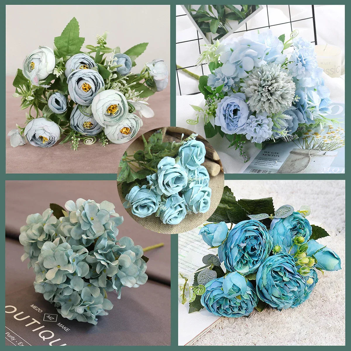 DecorBites™ Blue Peony Tea Rose Silk Fake Flowers for DIY Home Garden Wedding Decor
