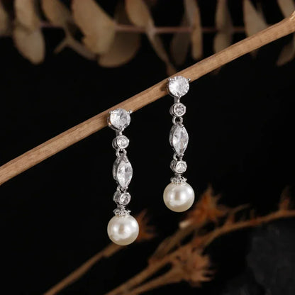 ZAKOL White Teardrop Pearl Dangle Earrings for Women Shiny Cubic Zirconia Earring Bridal Wedding Jewelry Valentine's Day Gift