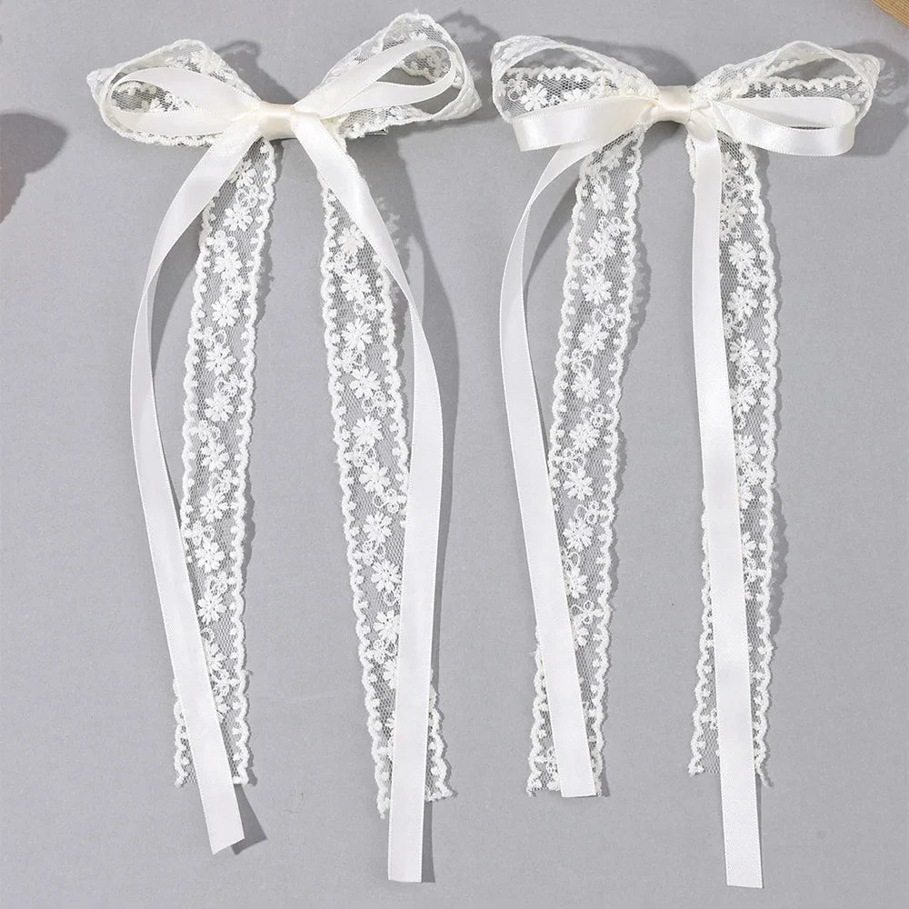 2Pcs White Lace Bow Hair Clips Flower Embroidery Long Ribbon Hairpins Sweet Floral Barrette Girls Children Headwear Accessories