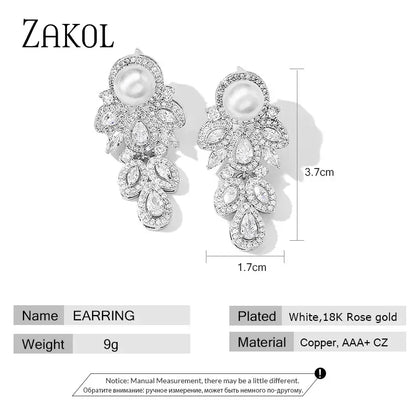 ZAKOL New Fashion CZ Zirconia Crystal Leaf Dangel Earrings for Women Luxury Bridal Wedding Party Jewelry
