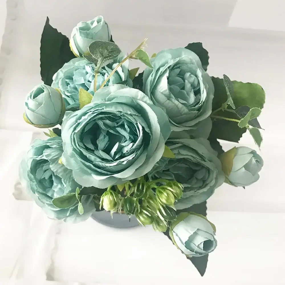DecorBites™ Blue Peony Tea Rose Silk Fake Flowers for DIY Home Garden Wedding Decor