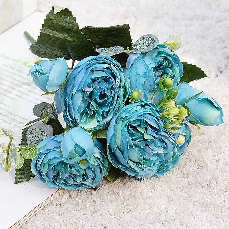 DecorBites™ Blue Peony Tea Rose Silk Fake Flowers for DIY Home Garden Wedding Decor