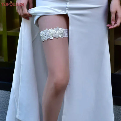 TOPQUEEN ST40 Sexy Lace Flower Thigh Ring Crystal Beaded Pearls Wedding Garter Belt  Bridal Cosplay Fashion Stocking Ring
