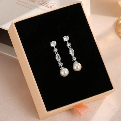 ZAKOL White Teardrop Pearl Dangle Earrings for Women Shiny Cubic Zirconia Earring Bridal Wedding Jewelry Valentine's Day Gift