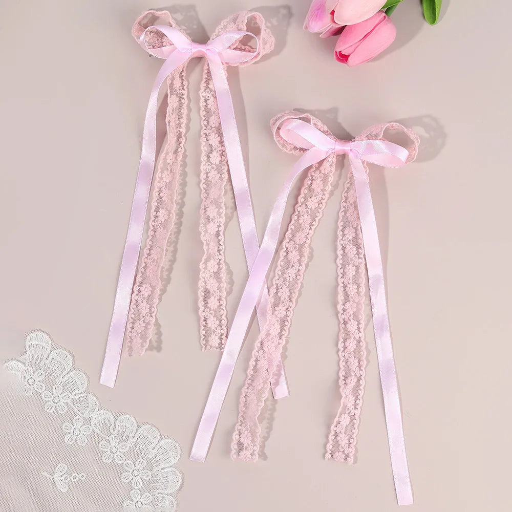 2Pcs White Lace Bow Hair Clips Flower Embroidery Long Ribbon Hairpins Sweet Floral Barrette Girls Children Headwear Accessories