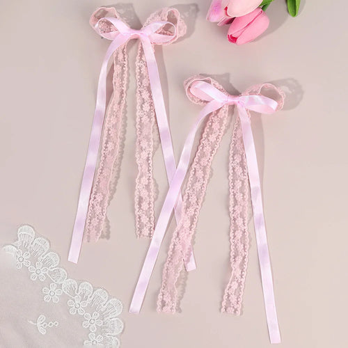 2Pcs White Lace Bow Hair Clips Flower Embroidery Long Ribbon Hairpins Sweet Floral Barrette Girls Children Headwear Accessories