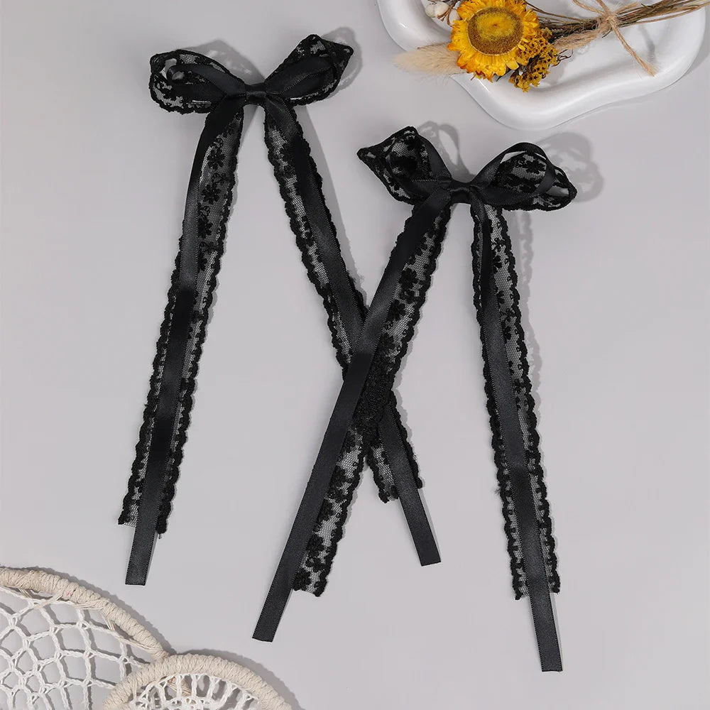 2Pcs White Lace Bow Hair Clips Flower Embroidery Long Ribbon Hairpins Sweet Floral Barrette Girls Children Headwear Accessories