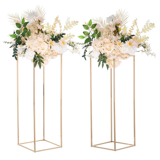 2PCS 31.5inch High Wedding Flower Stand, Metal Vase Column Geometric Centerpiece Stands, Gold Rectangular Floral Display Rack for T-Stage Events Reception, Party Decoration Home