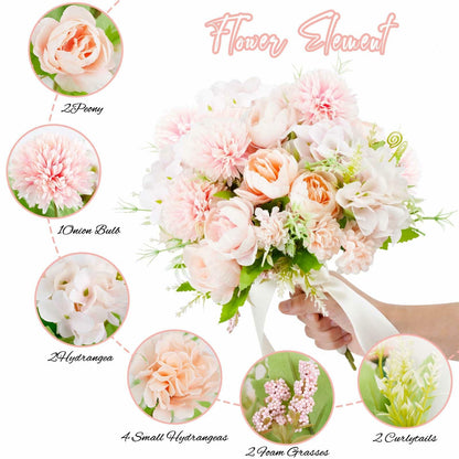 MOAMUN 4 Bundles Artificial Peony Hydrangea Silk Flowers White Bouquet