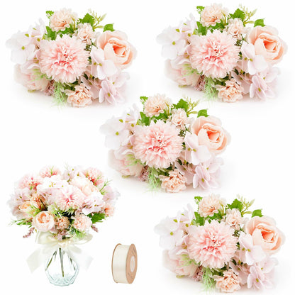 MOAMUN 4 Bundles Artificial Peony Hydrangea Silk Flowers White Bouquet