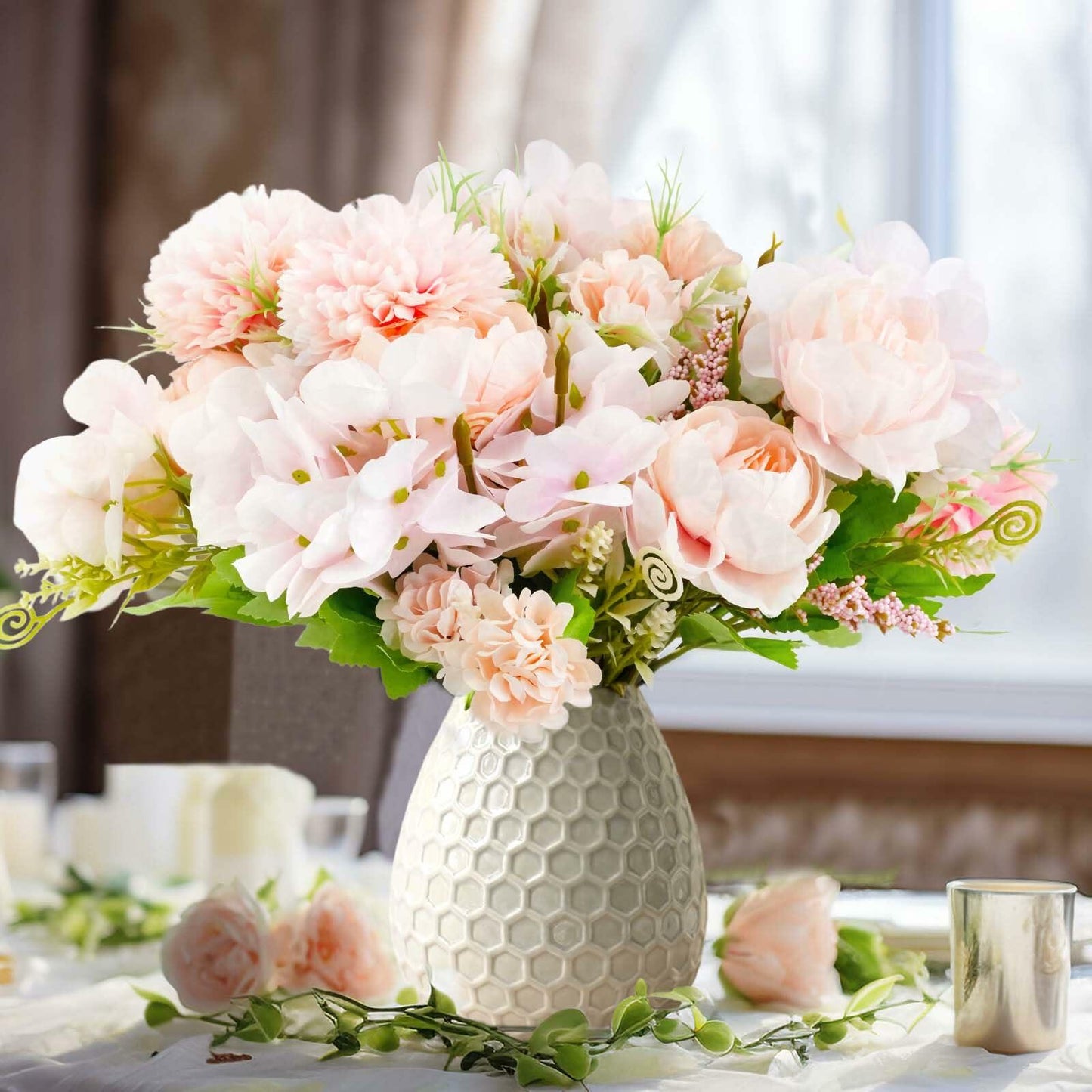 MOAMUN 4 Bundles Artificial Peony Hydrangea Silk Flowers White Bouquet