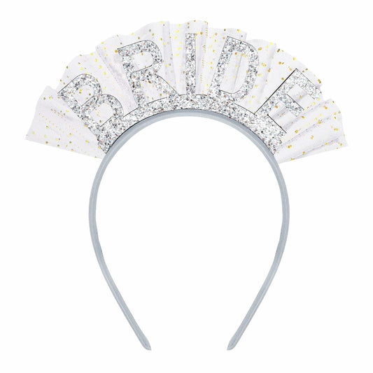 BAHABY Silver Glitter Bride Headband with Short Veil Bridal Shower Wedding